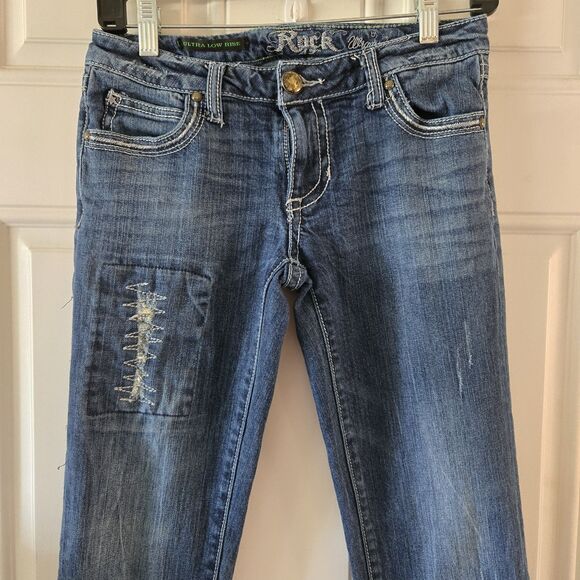 Wrangler Rock Jeans Women Size 1X34 Ultra Low Rise Bootcut Denim Distressed Y2K - Picture 3 of 8